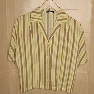 MNG Yellow Tan Striped Cropped Silky Flowy Button Down 6